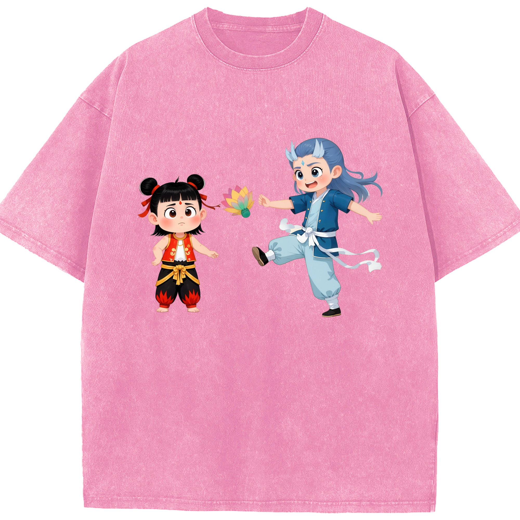 （画像用） Ne Zha 2 ナタ 魔童の大暴れ 綿100% ヴィンテージ風 半袖Tシャツ（フロントプリント）